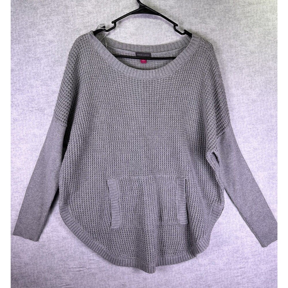 Vince Camuto Sweater Womens Large Grey Cable Knit Pullover Long Sleeve Pocket
